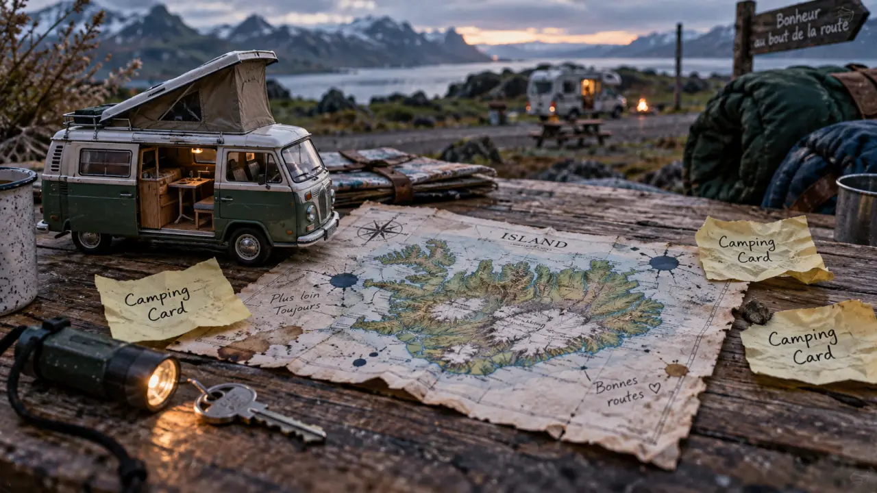 Camping islande carte avec Camping Card et van miniature