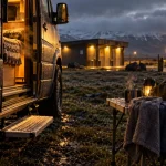 Camping Islande novembre : campervan chauffé au camping au givre