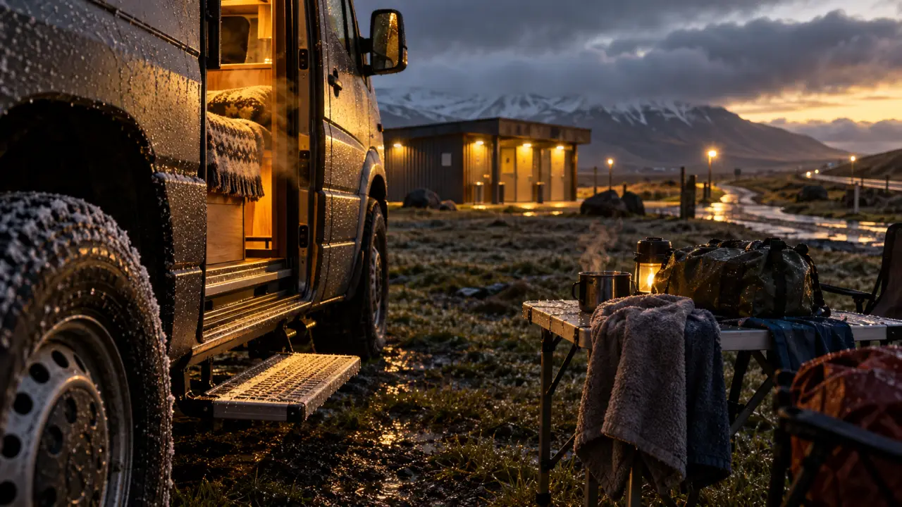 Camping Islande novembre : campervan chauffé au camping au givre