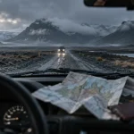 Conditions voyage Islande : papiers et route F, carte et passeport près d’un 4x4