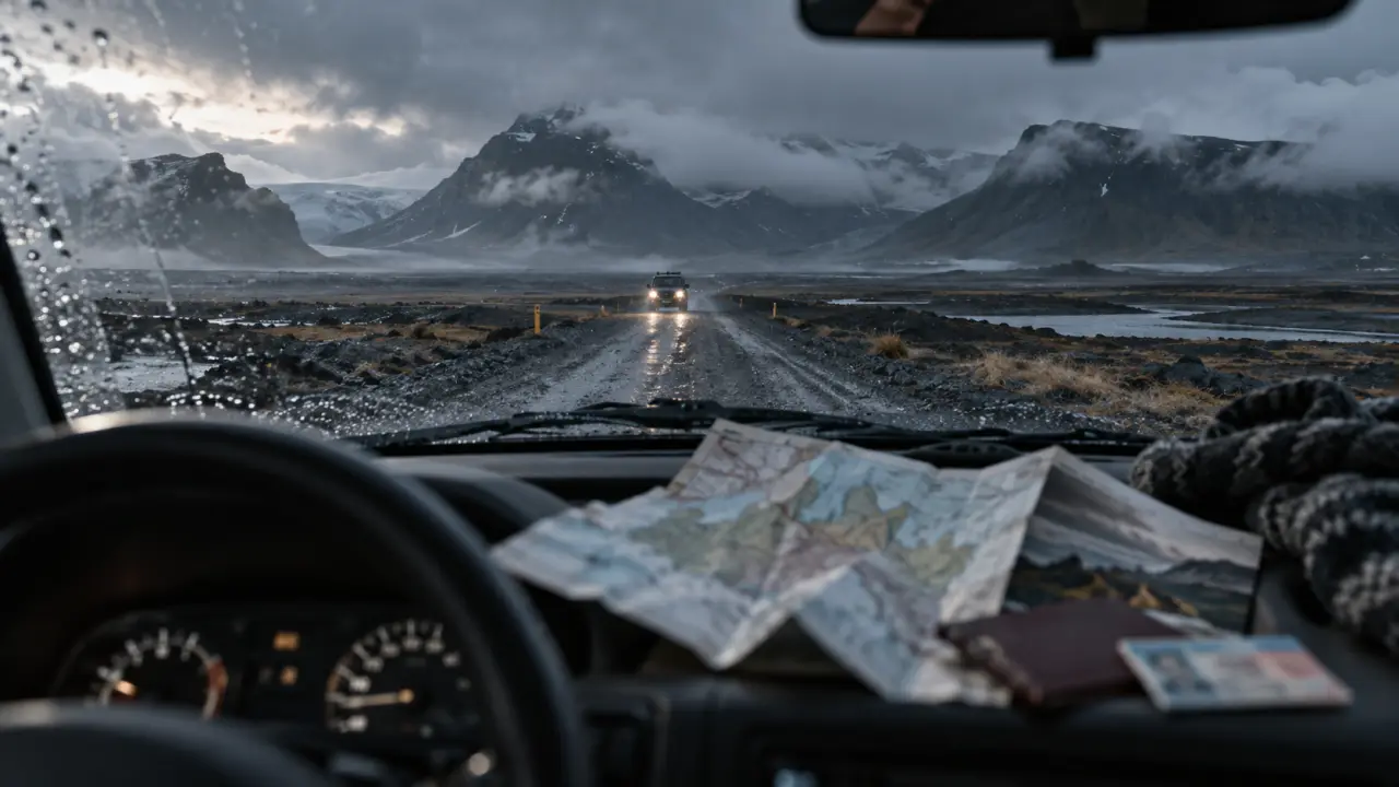Conditions voyage Islande : papiers et route F, carte et passeport près d’un 4x4