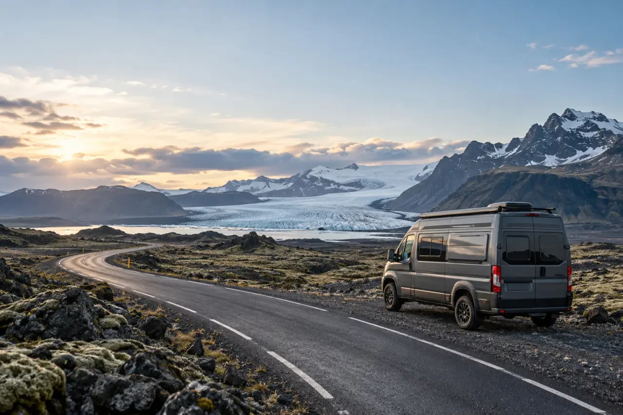 Camping car Islande stationné face à un paysage de glacier et de montagnes volcaniques