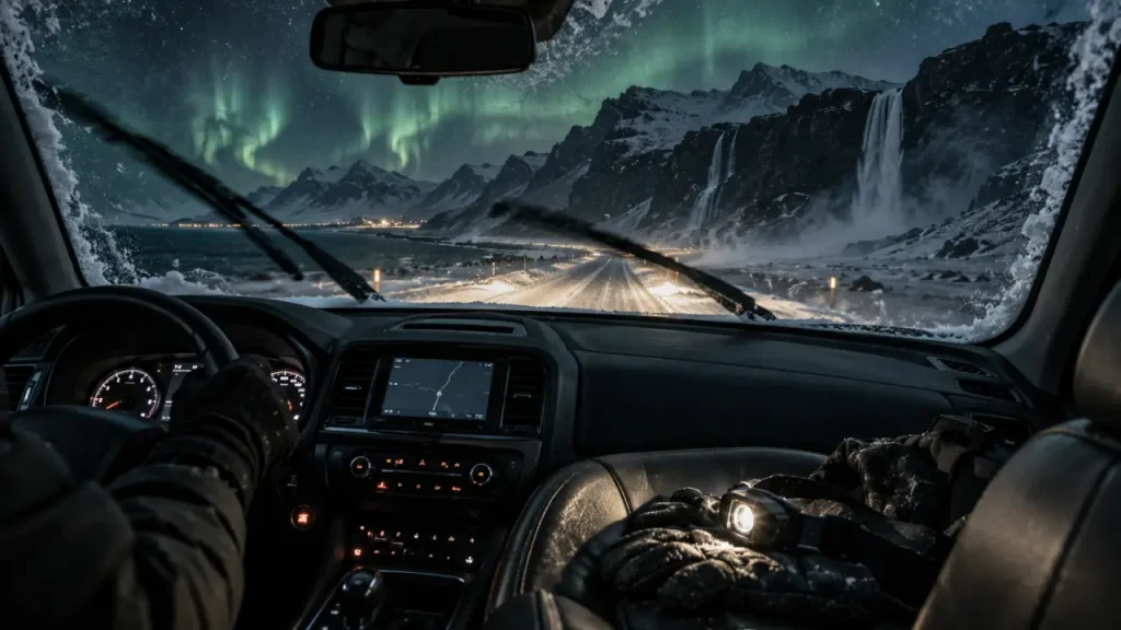 Islande voyage decembre : voiture sous aurores, route enneigée