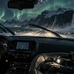 Islande voyage decembre : voiture sous aurores, route enneigée
