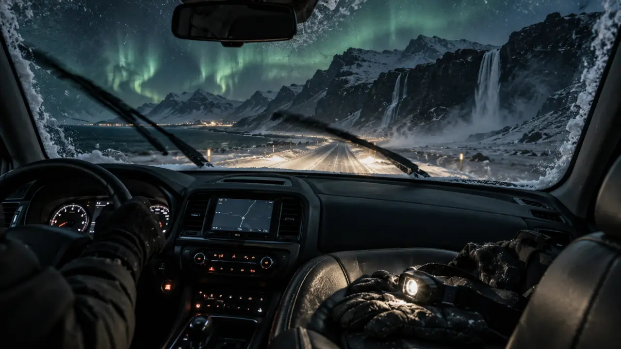 Islande voyage decembre : voiture sous aurores, route enneigée