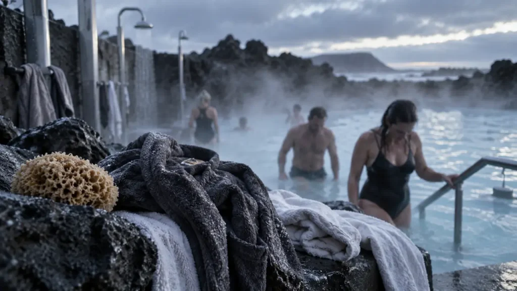 Lagon bleu Islande voyage : voyageurs sortant du bassin vapeur