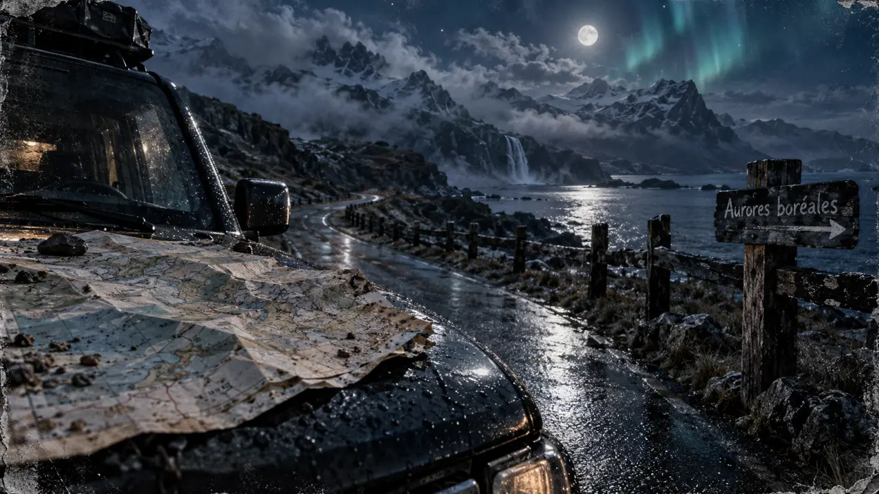 Meilleure periode voyage islande : 4x4 sur route humide vers aurores nocturnes