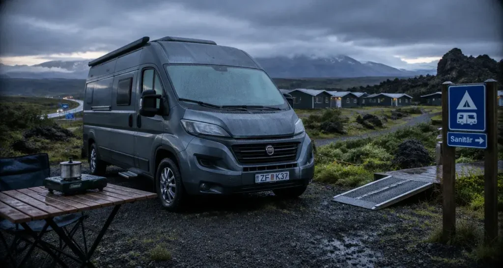 Ou dormir en camping car en islande : camping autorisé sur la N1, fourgon en aire
