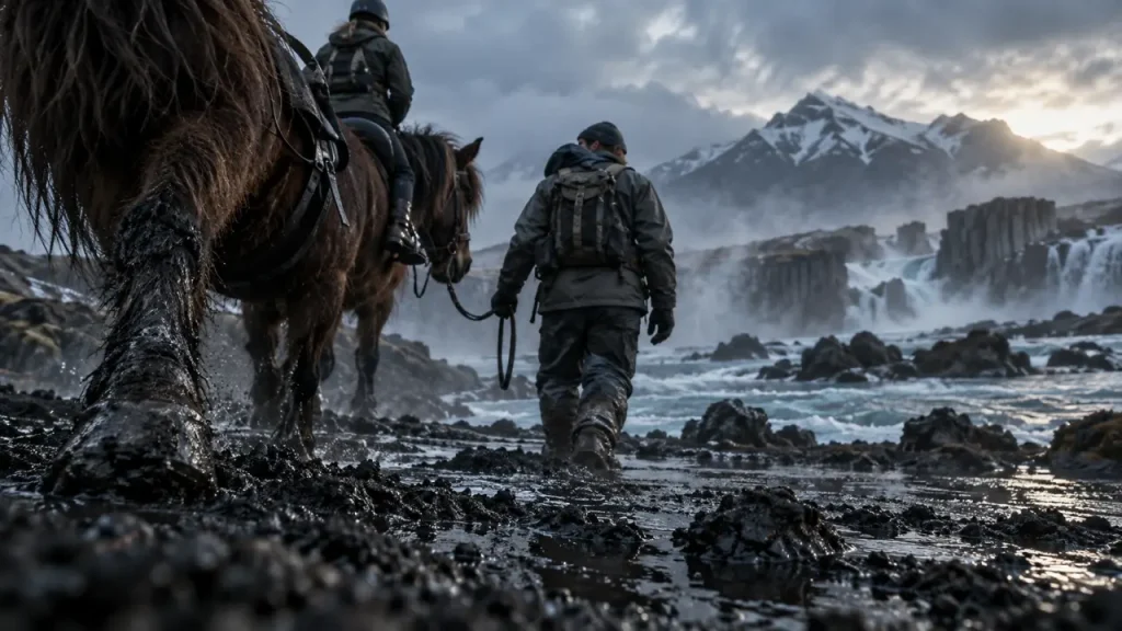 Voyage a cheval en islande : guide tient la longe d’un cheval islandais, mousse noire humide et rivière glaciaire
