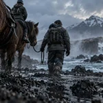 Voyage a cheval en islande : guide tient la longe d’un cheval islandais, mousse noire humide et rivière glaciaire