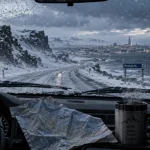 Voyage en islande a noel : route enneigée et tasse fumante en hiver, Reykjavik au loin