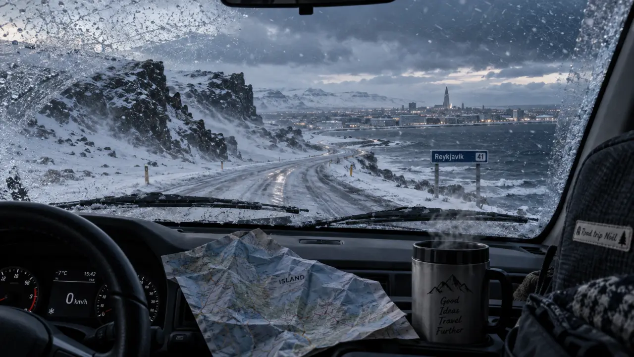 Voyage en islande a noel : route enneigée et tasse fumante en hiver, Reykjavik au loin