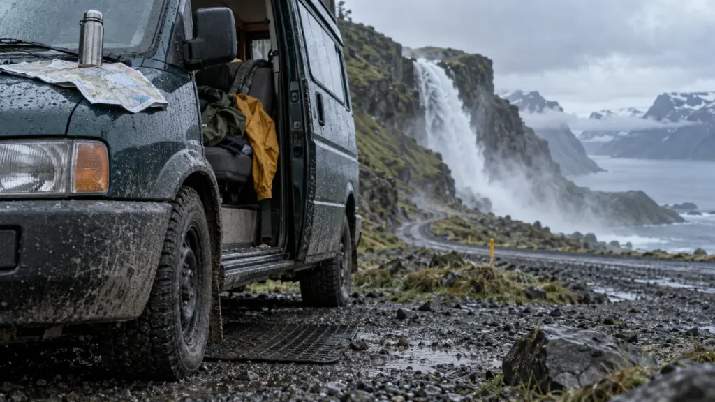 Voyage en Islande en autonomie : van sur route gravel, pluie et cascade floue