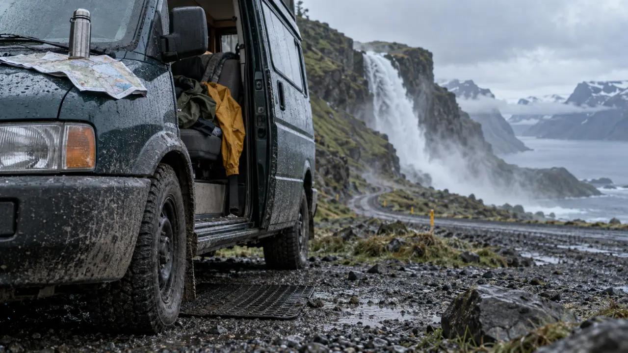 Voyage en Islande en autonomie : van sur route gravel, pluie et cascade floue
