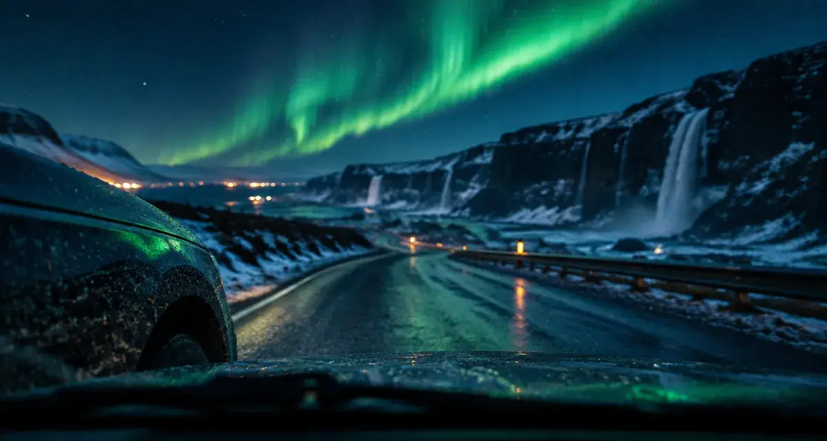 Voyage en Islande quelle periode : route circulaire avec aurores au-dessus de cascades