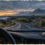 Voyage insolite islande : route sombre entre champs de lave en Islande