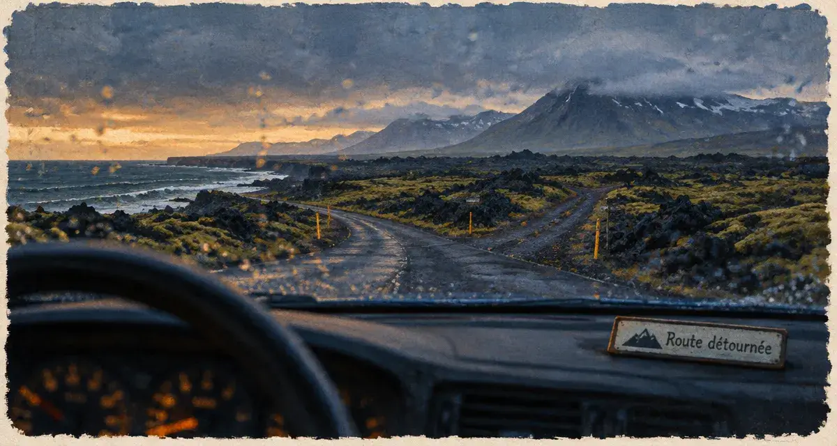 Voyage insolite islande : route sombre entre champs de lave en Islande