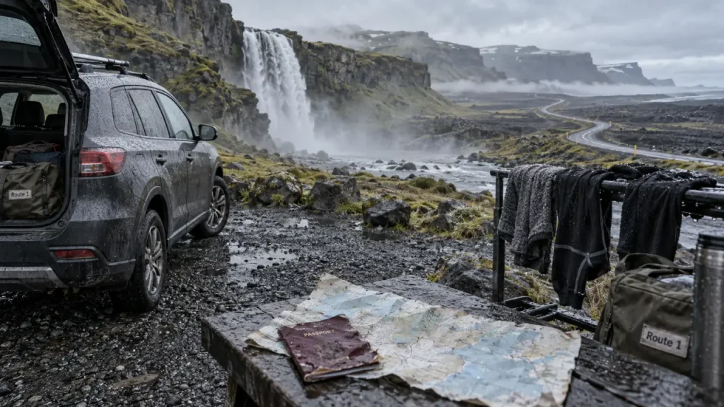 Voyage islande 2 semaines : voiture de location près d’une cascade