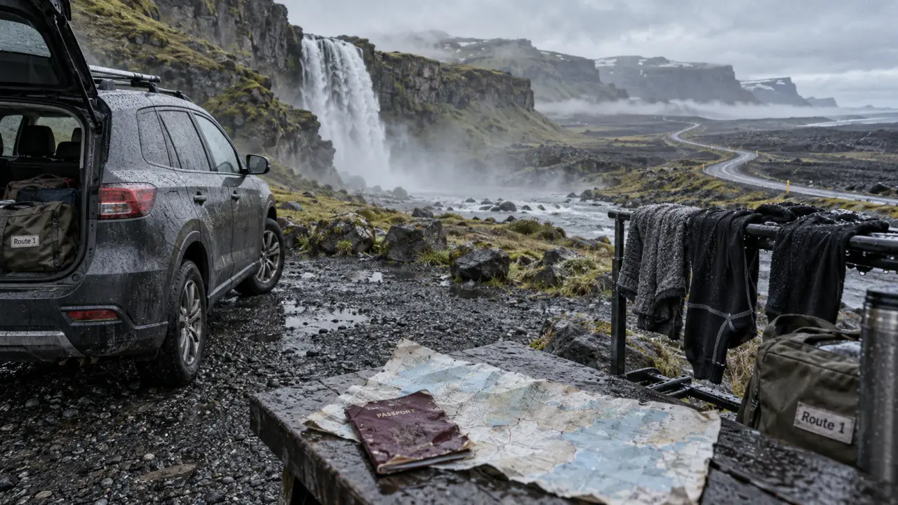 Voyage islande 2 semaines : voiture de location près d’une cascade