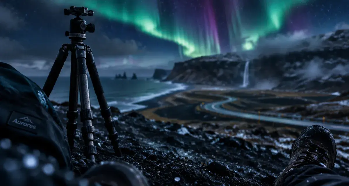 Voyage Islande aurore boréale periode, trépied et aurores sur sable noir