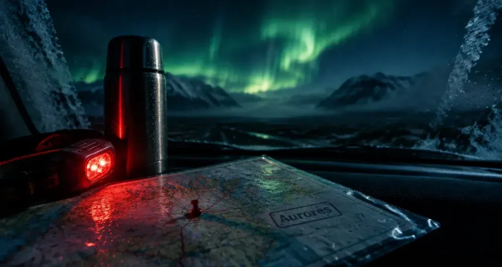 Voyage islande aurore boreales : pare-brise embué, lampe frontale et carte, ciel vert