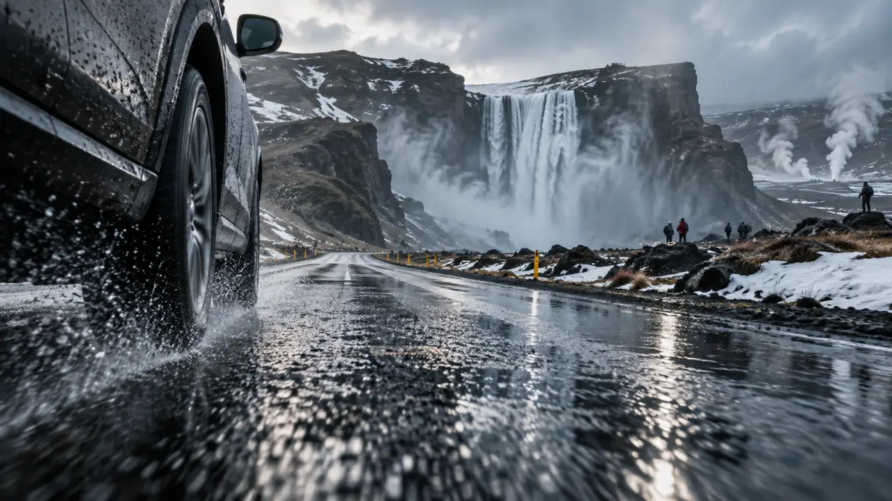Voyage en Islande en avril : route humide vers une cascade