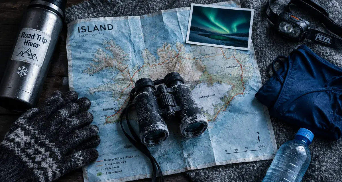 Voyage islande decembre 2025 : carte routière, gants et jumelles pour aurores