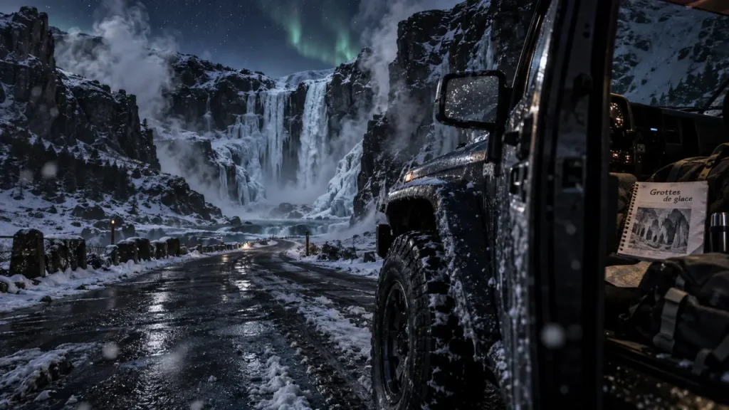 Voyage en Islande en février : 4x4 sur route humide vers cascade gelée et aurores