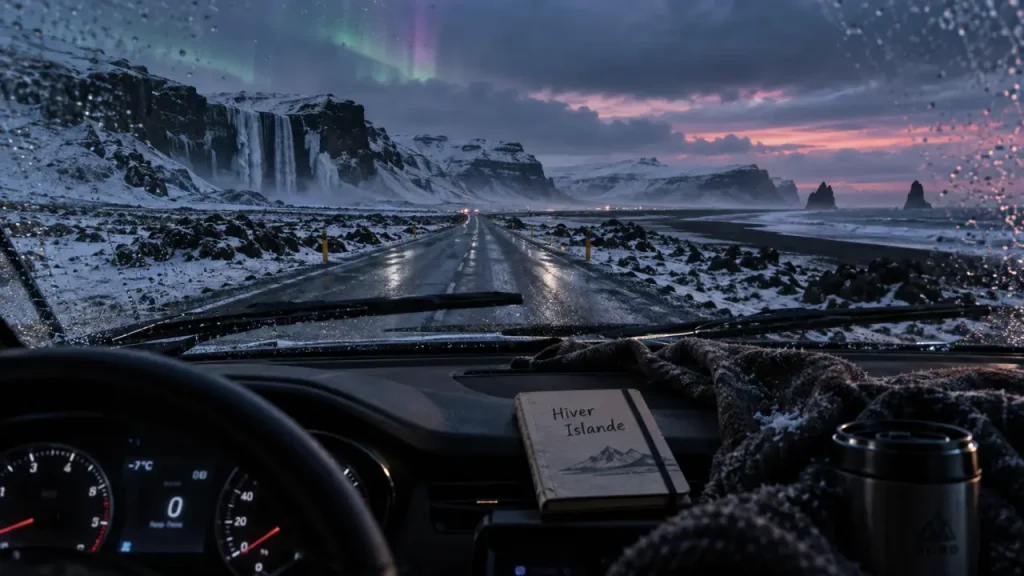 Voyage en Islande en janvier : route glacée, sable noir et cascade partiellement gelée sous ciel bleu nuit