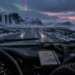 Voyage en Islande en janvier : route glacée, sable noir et cascade partiellement gelée sous ciel bleu nuit