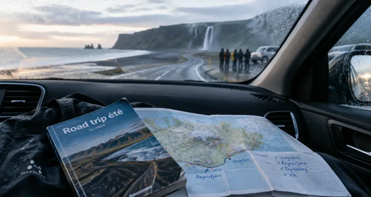 Voyage islande juillet 2025 : guide et 4x4 sur route côtière, vue grand angle