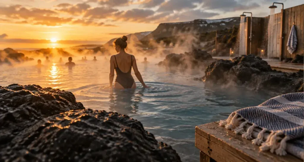 Voyage Islande source chaude : bain géothermique, vapeur et pierre noire
