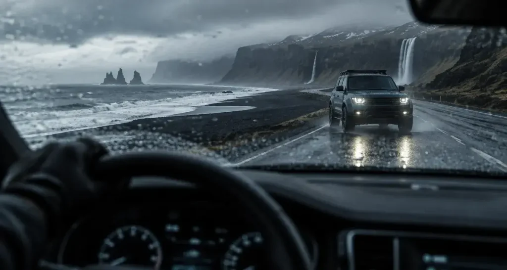 Voyage islande toussaint : 4x4 sur la côte sud islandaise sous la pluie, sable noir et cascades
