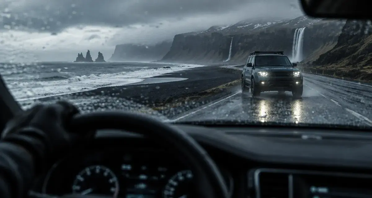 Voyage islande toussaint : 4x4 sur la côte sud islandaise sous la pluie, sable noir et cascades