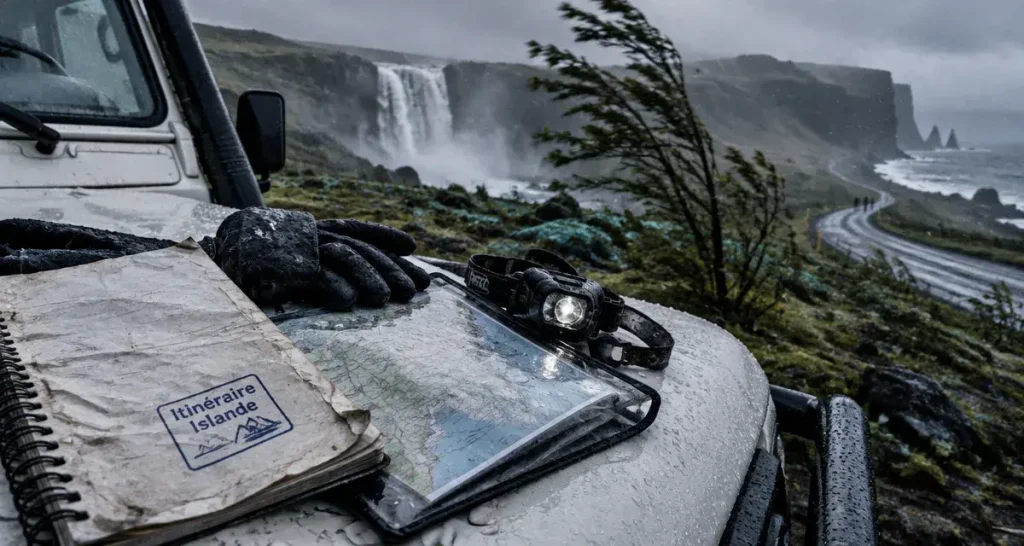 Voyage itinérant Islande : carnet de route sur 4x4 blanc, route humide et cascade