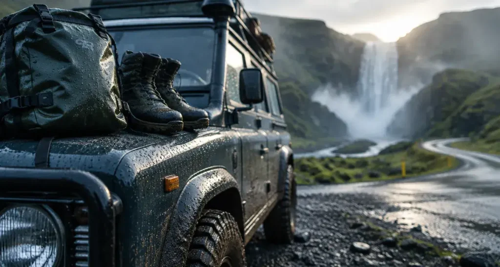 Voyage nature Islande : 4x4 près d’une cascade, route humide