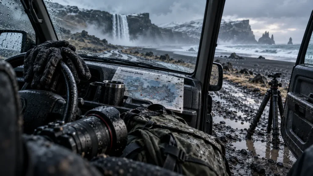 Voyage photographique Islande : road trip photo, cascade et sable noir, lumière froide