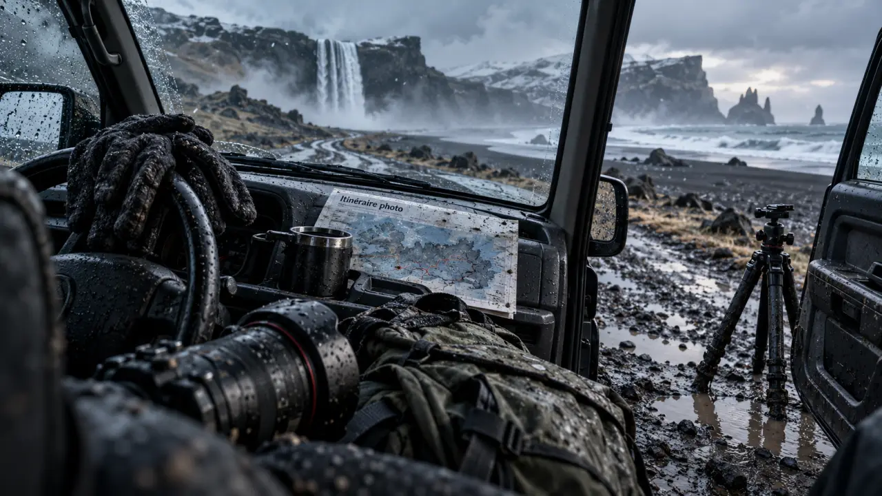 Voyage photographique Islande : road trip photo, cascade et sable noir, lumière froide