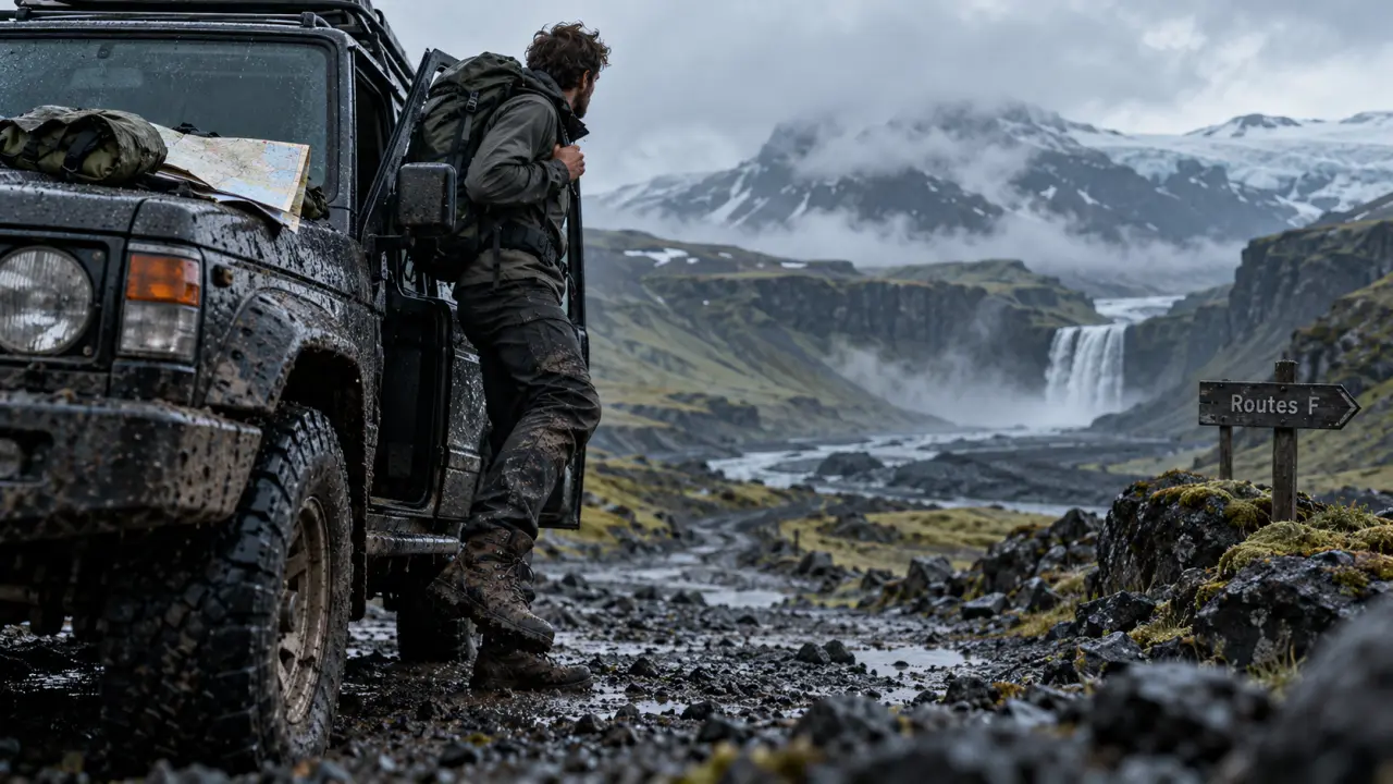 Voyage randonnée Islande : randonneur sur route F vers une cascade