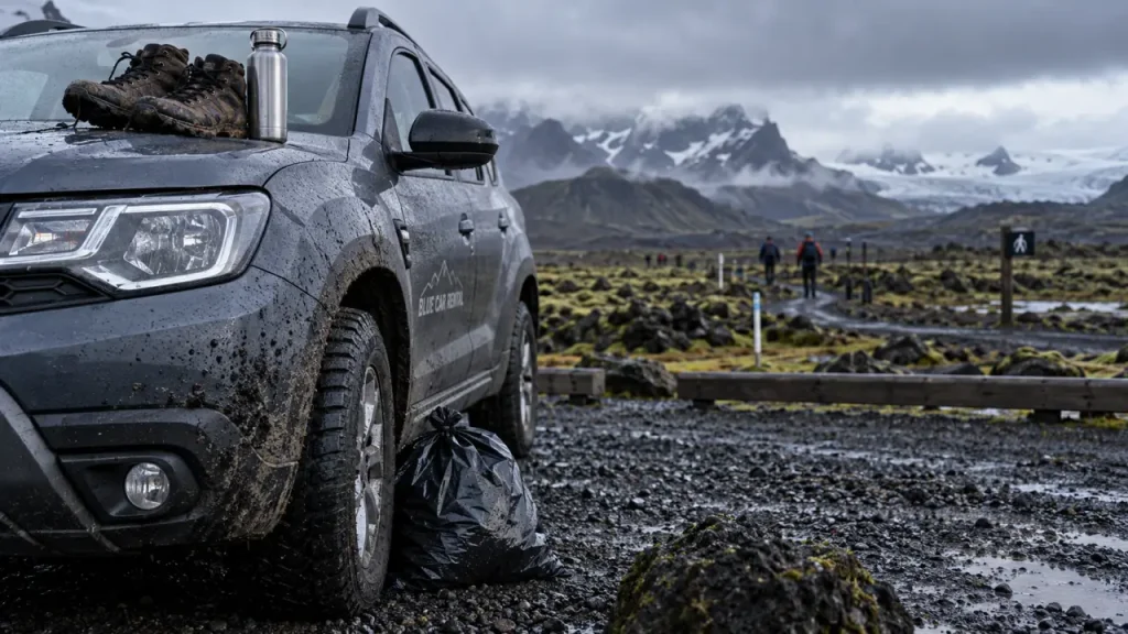 Voyage responsable islande : voiture de location sur parking près de la route
