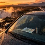 Voyage solo Islande : route isolée, voiture au basalte, golden hour