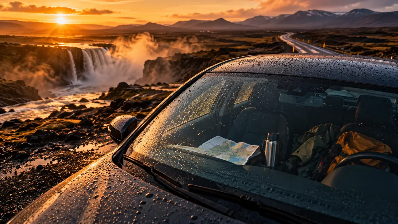 Voyage solo Islande : route isolée, voiture au basalte, golden hour