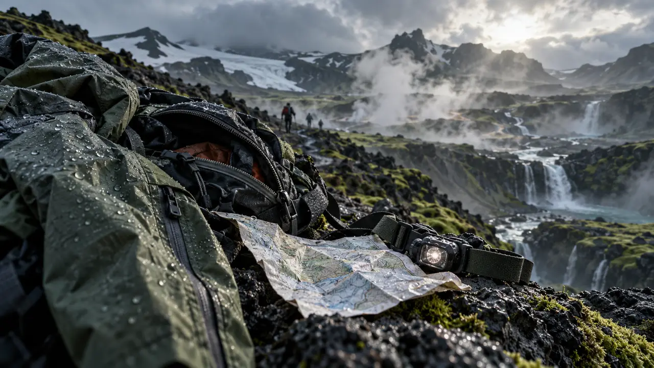 Voyage trek Islande : veste imperméable, sac, carte et sentier entre volcans