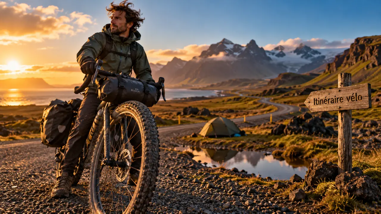 Voyage velo islande : cycliste au vent, tente et route 1