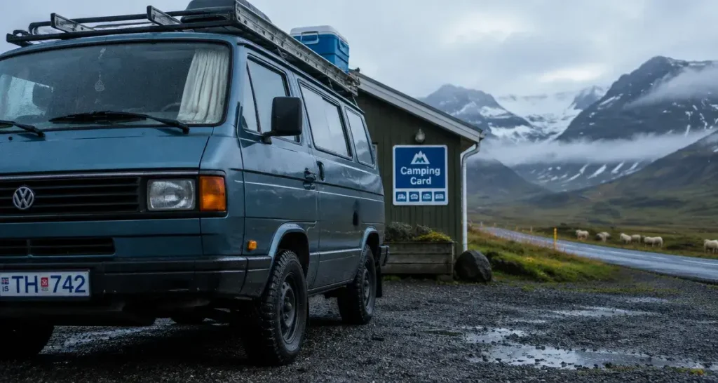 Voyager en Islande en camping car : van aménagé sur parking, route et montagnes en arrière-plan